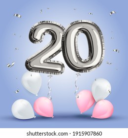 Elegant Greeting celebration twenty years birthday. Anniversary number 20 foil silver balloon. Happy birthday, congratulations poster. Silver numbers with sparkling silver confetti. Vector background