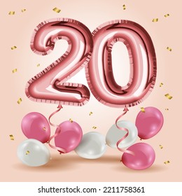 Elegant Greeting celebration twenty years birthday. Anniversary number 20 foil rose gold balloons. Happy birthday, congratulations poster. Rose Gold number with sparkling golden confetti. Vector
