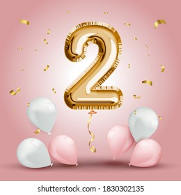 Elegant Greeting celebration two year birthday. Anniversary number 2 foil gold balloon. Happy birthday, congratulations poster. Golden numbers with sparkling golden confetti. Vector background