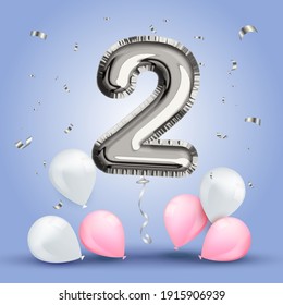 Elegant Greeting celebration two year birthday. Anniversary number 2 foil silver balloon. Happy birthday, congratulations poster. Silver numbers with sparkling silver confetti. Vector background
