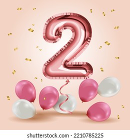 Elegant Greeting celebration two years birthday. Anniversary number 2 foil rose gold balloon. Happy birthday, congratulations poster. Rose Gold number with sparkling golden confetti. Vector background