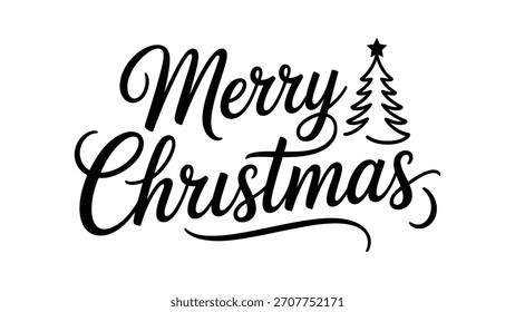Elegant “Merry Christmas” greeting in cursive black text with stylized tree and star, perfect for festive design, seasonal cards, holiday decorations, and winter-themed graphics