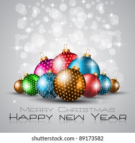 Elegant greetings background for flyers or brochure for Christmas or New Year Events with a lot of stunning Colorful baubles.