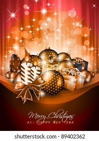 Elegant greetings background for flyers or brochure for Christmas or New Year Events with a lot of stunning Colorful baubles.