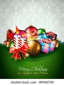 Elegant greetings background for flyers or brochure for Christmas or New Year Events with a lot of stunning Colorful baubles.