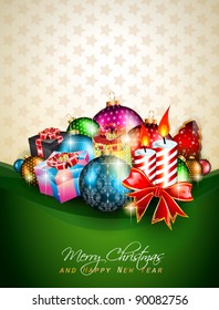Elegant greetings background for flyers or brochure for Christmas or New Year Events with a lot of stunning Colorful baubles.