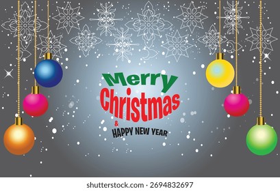 Elegante Vector de fondo gris con Navidades alegres y texto feliz año Nuevo 2026, decoraciones festivas, luces y adornos. Perfecto para saludos de vacaciones, carteles y diseños de celebración de invierno.