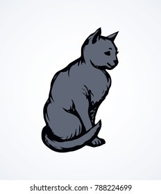 Elegant grey Felis catus on light backdrop. Freehand linear dark ink hand drawn picture logo sketchy in art scribble retro style pen on paper. Closeup side view with space for text on sky