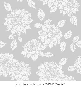 Elegant grey floral pattern seamless repeating dahlia print, vector repeat backgorund design