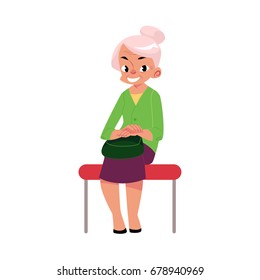 Elegant grey haired woman, old lady sitting in subway, bus, cartoon vector illustration isolated on white background. Full length portrait of old lady, woman in subway, bus sitting with hands on knees