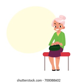Elegant grey haired woman, old lady sitting in subway, bus, cartoon vector illustration with space for text. Full length portrait of old lady, woman in subway, bus sitting with hands on knees