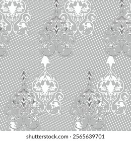 Elegant Grey and White Damask Pattern with Polka Dots