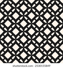 Elegant grid ornament. Vector abstract black and white geometric seamless pattern with lattice, mesh, net, diamond shapes, flower silhouettes. Simple monochrome background texture. Repeated geo design