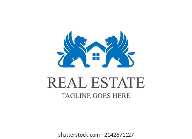 Elegant Griffin Lion Wing Crest with Roof Window for Apartment Real Estate Property Logo Design Vector