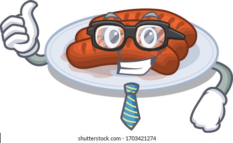 An elegant grilled sausage Businessman mascot design wearing glasses and tie