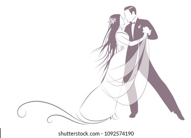 Elegant groom and beautiful bride with long mane dancing the wedding dance. Blank space for your text