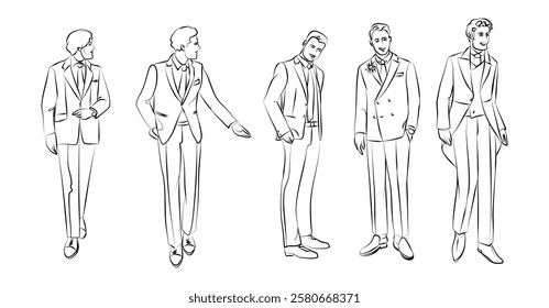 Elegant groom fashion sketches featuring five stylish men in formal suits. Black and white line art, wedding attire, classic menswear, stylish poses