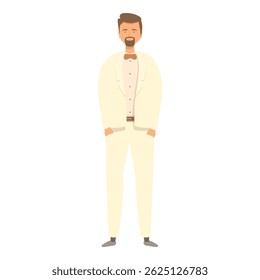 Elegant groom wearing cream suit standing with hands in pockets