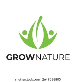 Elegant Grow Nature Logo Design Symbolizing Growth Harmony and Environmental Consciousness with Stylized Figures and a Natural Leaf Element