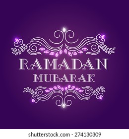 Elegant grreting or invitation card with floral design decorated stylish text Ramadan Mubarak on shiny purple background.