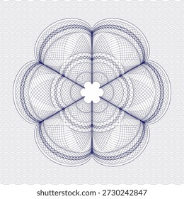 Elegant guilloche rosette design created with intricate geometric line patterns and symmetrical curves. This blue security ornament features a classic spirograph style combined with a subtle wavy background, inspired by banknote, certificate, and currency engraving designs. Ideal for use in security printing, certificates, diplomas, vouchers, invitations, branding elements, and decorative backgrounds. Perfect for projects requiring precision, elegance, and anti-counterfeit aesthetics.