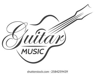 An elegant guitar music logo featuring a sleek black and white design with flowing lines and a sophisticated script font.