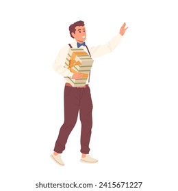 Elegant guy cartoon character waving hand while carrying gift box isolated on white background