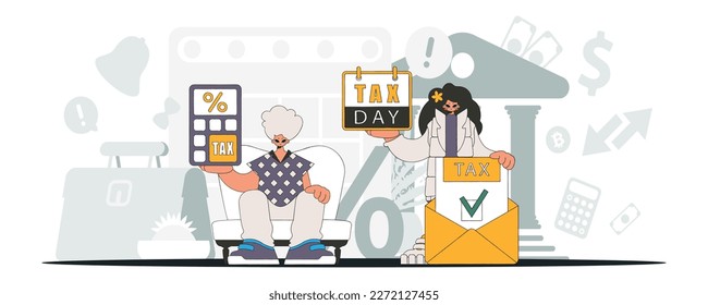 Elegant guy and girl demonstrate paying taxes. Graphic illustration on the theme of tax payments.
