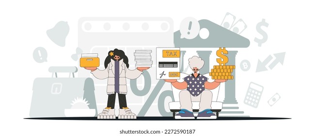 Elegant guy and girl demonstrate paying taxes. An illustration demonstrating the correct payment of taxes.