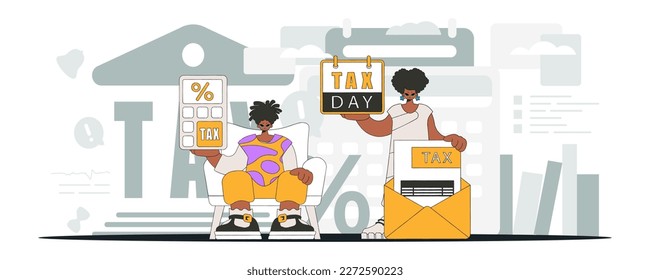 Elegant guy and girl demonstrate paying taxes. An illustration demonstrating the correct payment of taxes.