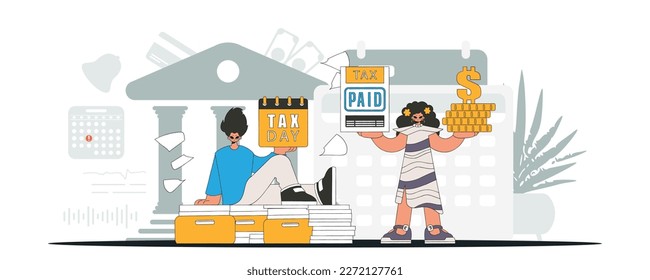 An elegant guy and a girl are engaged in paying taxes. Graphic illustration on the theme of tax payments.