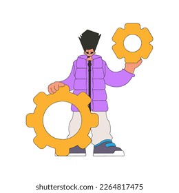 Elegant Guy holding gears. Idea theme.