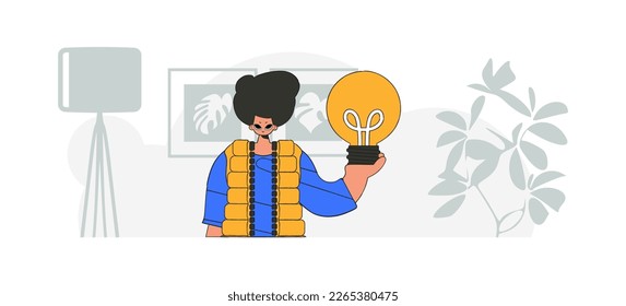 An elegant guy is holding a light bulb. Illustration on the theme of the appearance of an idea.