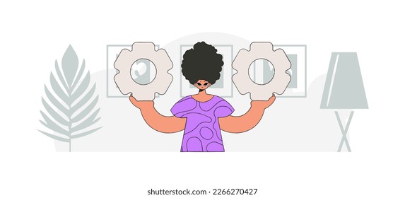 An elegant guy holds gears in his hands. Illustration on the theme of the appearance of an idea.