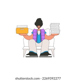 An elegant guy holds stacks of documents in his hands.