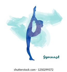 Elegant gymnast girl makes handstand. Watercolour texture. Card or poster design.