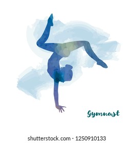 Elegant gymnast girl makes handstand. Watercolour texture. Card 