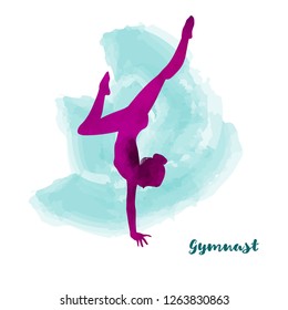 Elegant gymnast girl makes handstand. Watercolour texture. Card or poster design.