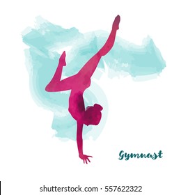 Elegant gymnast girl makes handstand. Watercolour effect.