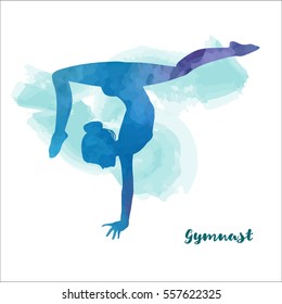 Elegant gymnast girl makes handstand. Watercolour effect.