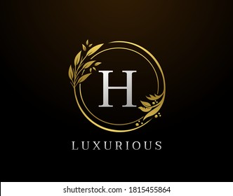 Elegant H Letter Floral Design. Circle Luxury H Gold Logo Icon.