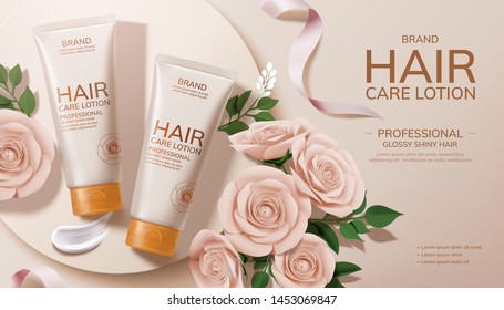 Elegant hair care lotion ads with paper roses decorations in 3d illustration