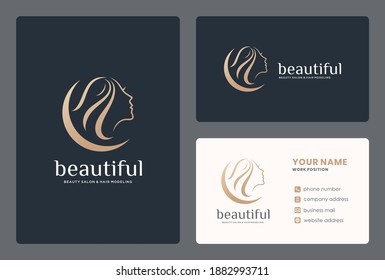 elegant hairdresser, beauty salon, woman face logo design with business card template.
