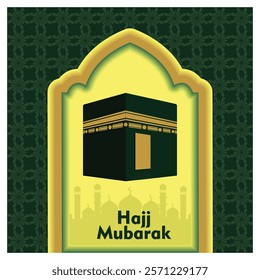 Elegant Hajj Mubarak greeting card featuring the Kaaba on a mosque themed background. Celebrate the Hajj pilgrimage with a dynamic design that emphasizes religious cultural significance. 