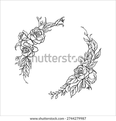 Elegant half floral wreath composed of hand drawn roses and leafy branches arranged in a circular form with open space in the center. This black and white line art illustration highlights detailed petals and natural foliage, isolated on a white background and suitable for invitations, branding layouts, decorative prints, and romantic themed designs