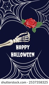 Elegant Halloween banner with skeleton hand holding rose, web details, and ‘Happy Halloween’ text