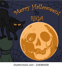 Elegant Halloween black cat on a famous Riga's landmark - House with Cat. Halloween Greeting card/postcard design. EPS8 vector illustration.