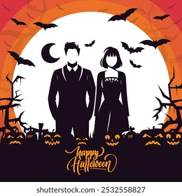 Elegant Halloween Couple Silhouette with Spooky Pumpkin and Bats, Gothic Halloween Scene with Moonlit Couple and Eerie Jack-o'-Lantern, Mystical Halloween Night with Dark Silhouettes, Bats.