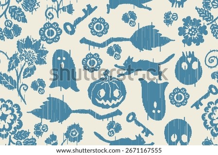 Elegant Halloween damask pattern in blue and beige, featuring jack-o’-lanterns and vintage flourishes. Ideal for spooky decor, fabric, wallpaper, and seasonal wrapping paper.