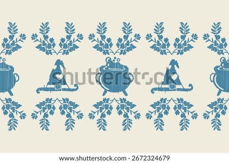 Elegant Halloween damask pattern in blue and beige, featuring jack-o’-lanterns and vintage flourishes. Ideal for spooky decor, fabric, wallpaper, and seasonal wrapping paper.
